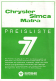 Chrysler - Simca - Matra 1977 Preisliste (Prospekt)