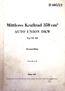 Auto Union DKW Mittleres Kraftrad 350 cm3 Typ NZ350 Ersatzteilliste